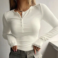 Women's Plain Half Button Front Ribbed Tee, Fashion Top, Casual Fit Long Sleeve Round Neck T shirt