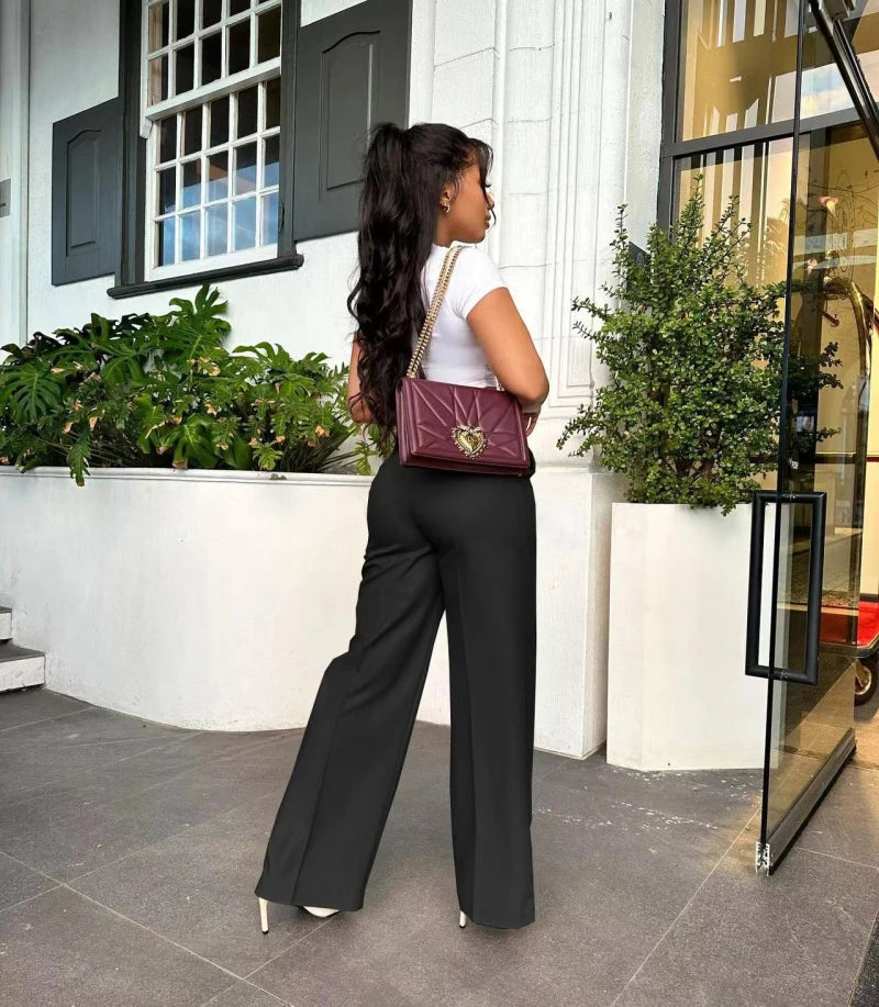 Autumn Casual High Waisted Pants Women Chic Fashion Solid Button Pocket Straight Leg Wide Leg Casual Pants Women