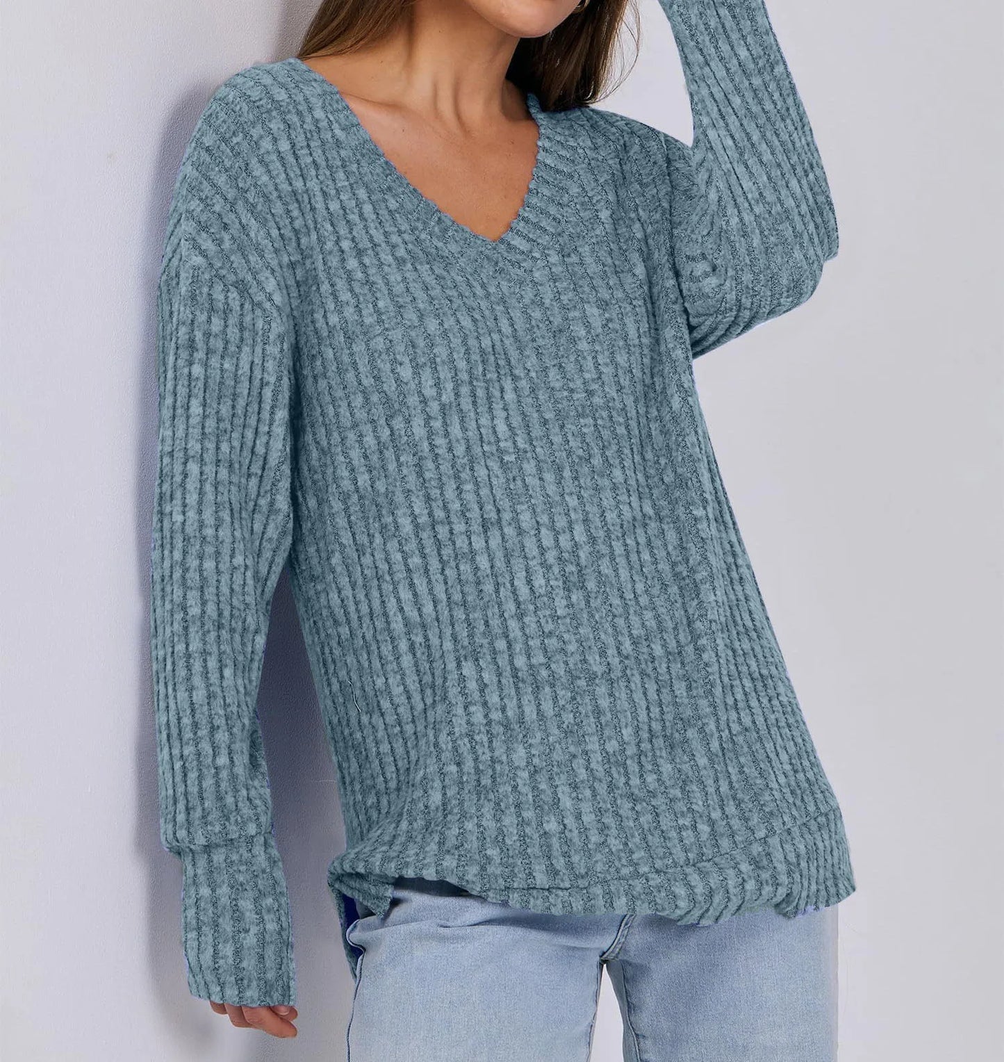 Women's Long Sleeve V-Neck T-Shirt Pit Stripe Milled Fashion Temperament Top