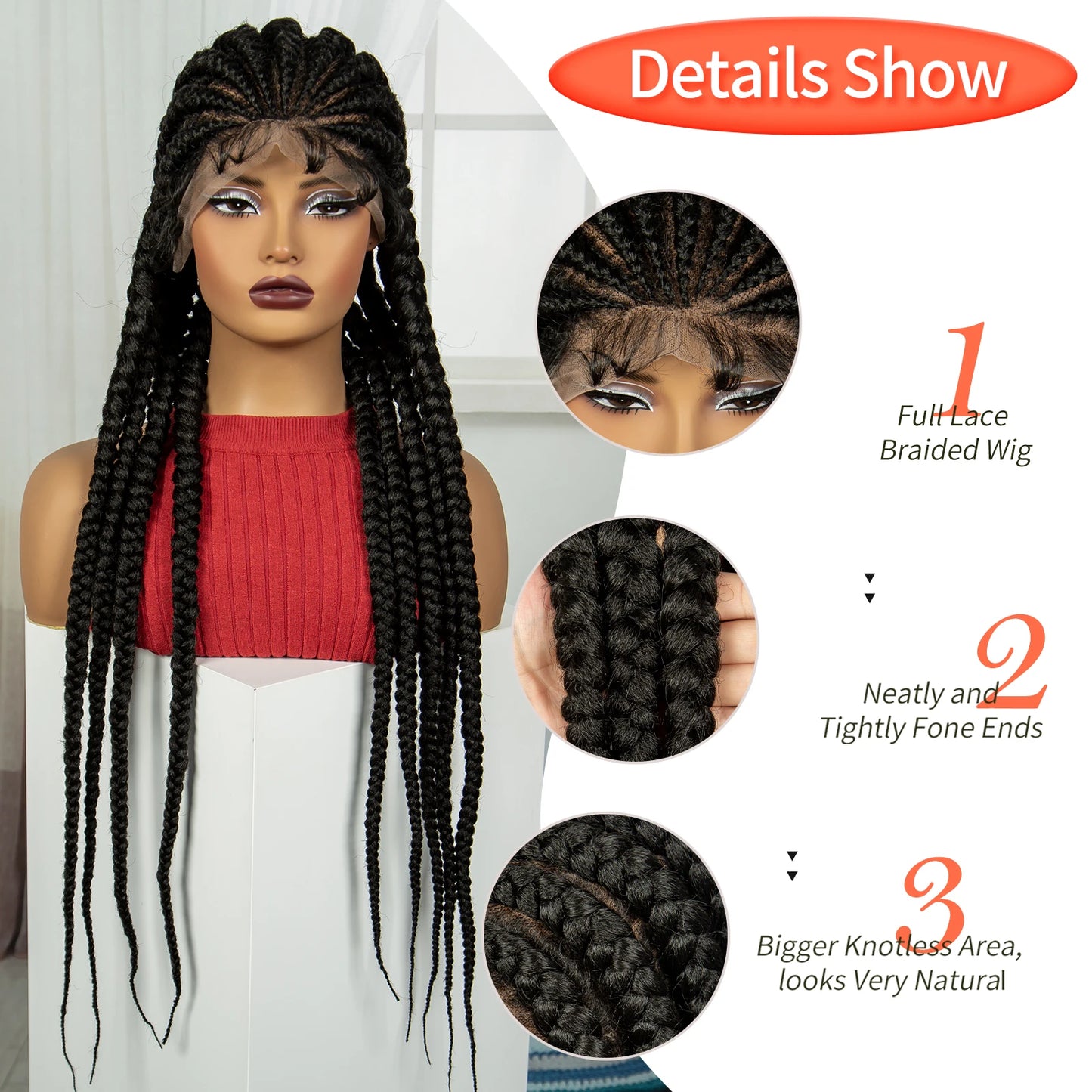 32INCH Cornrow Braided Wigs Synthetic Full Lace Braids Wig with Baby Hair Lace Frontal Knotless Braided Lace Wig for Black Women