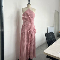 Elegant Purple Halter A Line Prom Gowns Ruffles Tiered Backless Party Gown Summer Vacation Chiffon Long Evening Dress