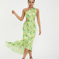 Women Elegant Long Dress Summer Sleeveless One-shoulder Pleated Hollowed Irregular Dress for Cocktail Party Beach Sundress Y2K