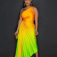 CM.YAYA Women Gradient Printed Pleated One Shoulder Roll Waist Maxi Irregular Big Swing Dress 2023 Sexy Party Vestidos Dresses