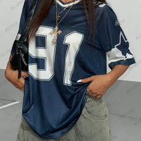 Summer New Black Speed 91 Print T-Shirt For Women V-Neck Patchwork Short Sleeve Sports Football Jersey Y2K Loose Oversized Tops