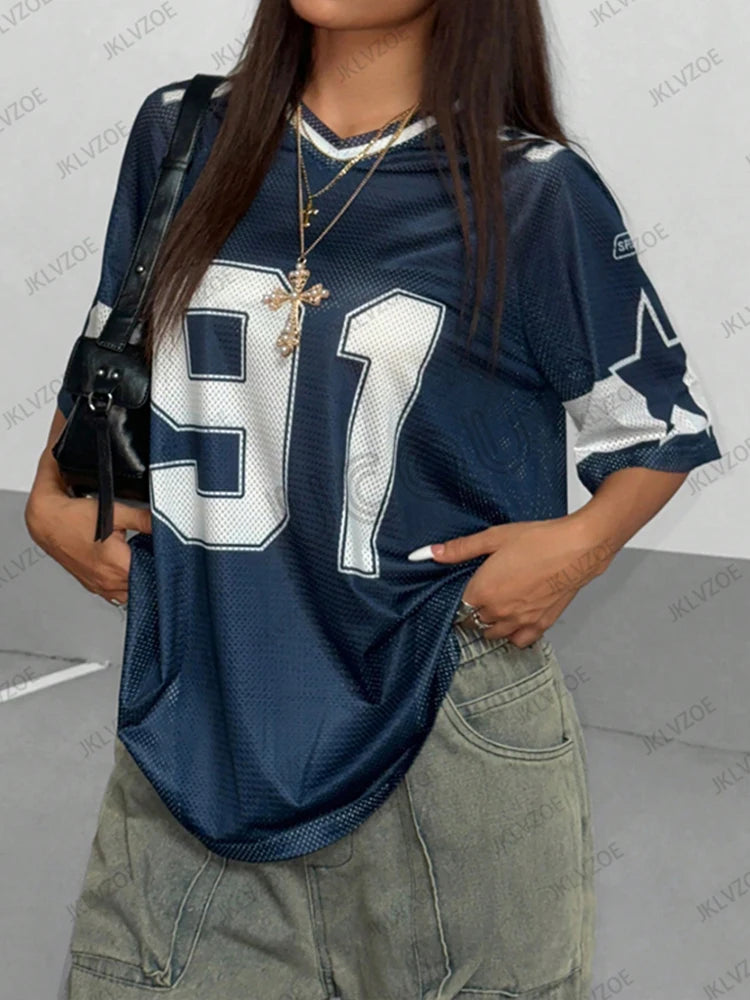 Summer New Black Speed 91 Print T-Shirt For Women V-Neck Patchwork Short Sleeve Sports Football Jersey Y2K Loose Oversized Tops