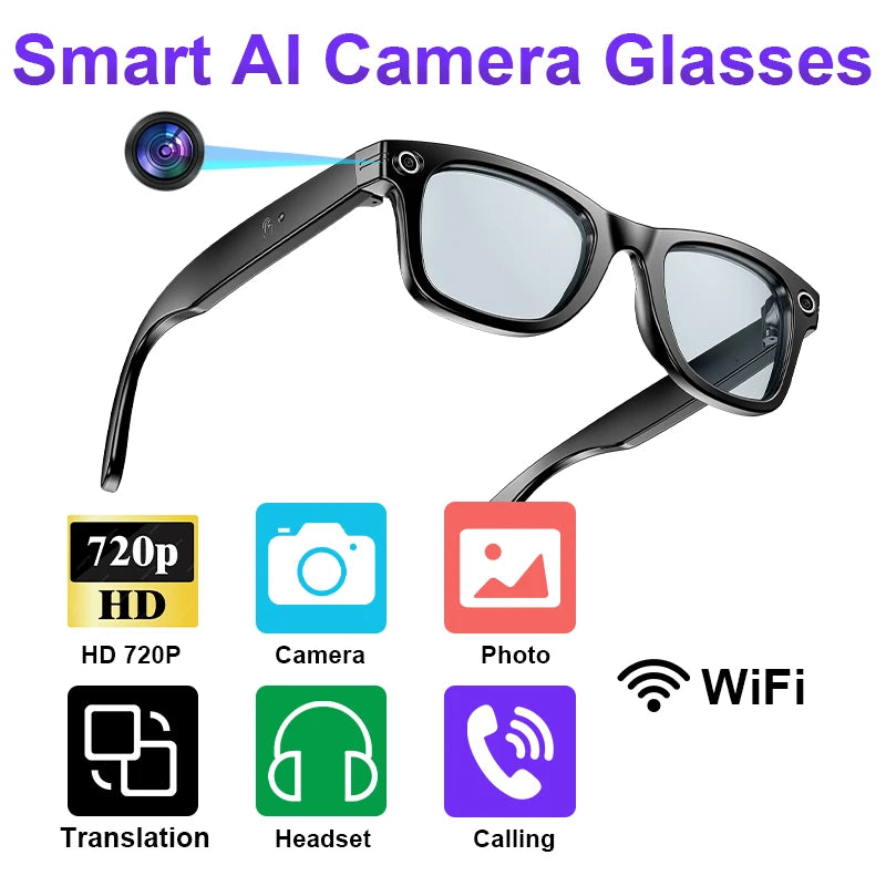 AI Smart Glasses with HD Camera for Photos Videos Hands-Free Vlog Recording Camera Glasses Audio for Driving Outdoor Sunglasses