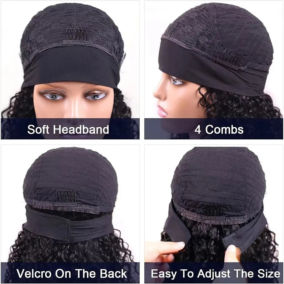 Headband Wig Human Hair Wigs Wear and Go Glueless Wig Curly Deep Wave Headband Wig Machine Made Wig Natural Color 250%