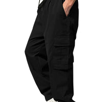 Men s Loose Cargo Long Pants Solid Color Drawstring Waist Straight Leg Trousers Casual Work Pants with Pockets