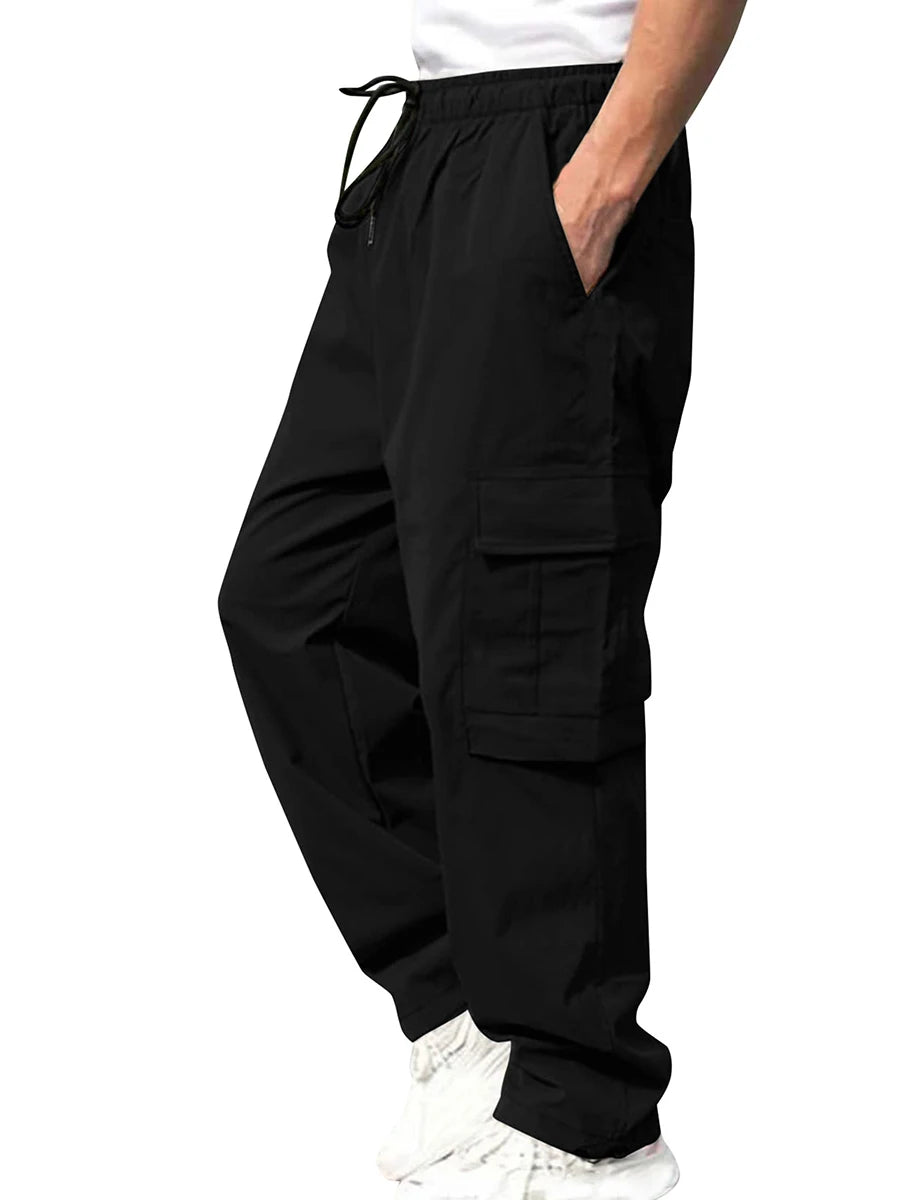 Men s Loose Cargo Long Pants Solid Color Drawstring Waist Straight Leg Trousers Casual Work Pants with Pockets