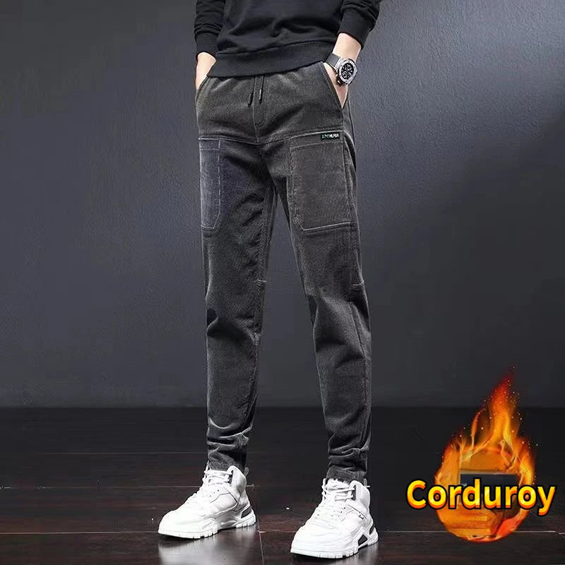 Winter Pants Men Work Wear Baggy Brushed Joggers Streetwear Elastic Waist Male Korean Designer Corduroy Plush Thicken Trousers