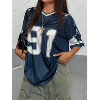 Summer New Black Speed 91 Print T-Shirt for Women V-Neck Patchwork Short Sleeve Sports Football Jersey Y2K Loose Oversized Tops