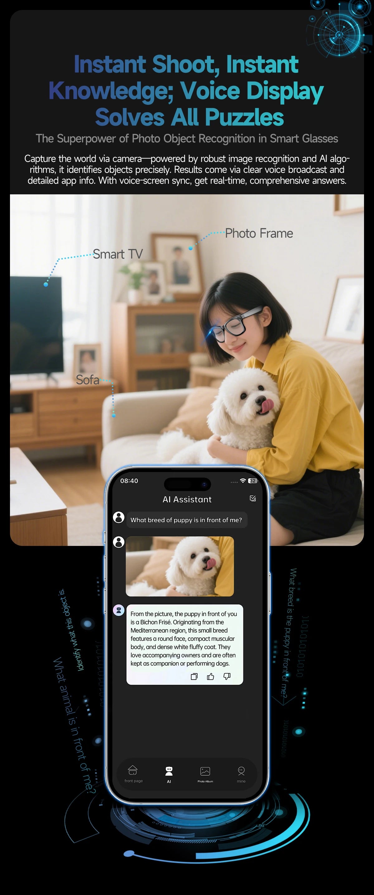 Smart Glasses 8 Million Pixels Recording Videos AI Photo Recognition Answer Translation 270mAh IP65 Waterproof Bluetooth Glasses