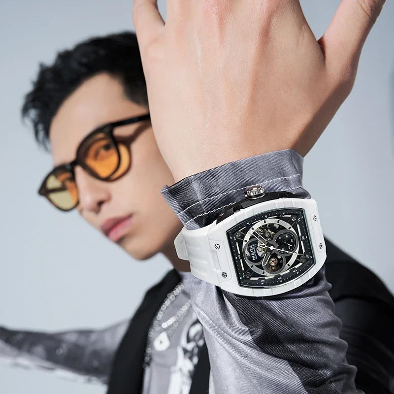 Mark Fairwhale 6014 Brand Rubber Strap Waterproof Luminous Men's Automatic Mechanical Watch Barrel Shape Watches for Men