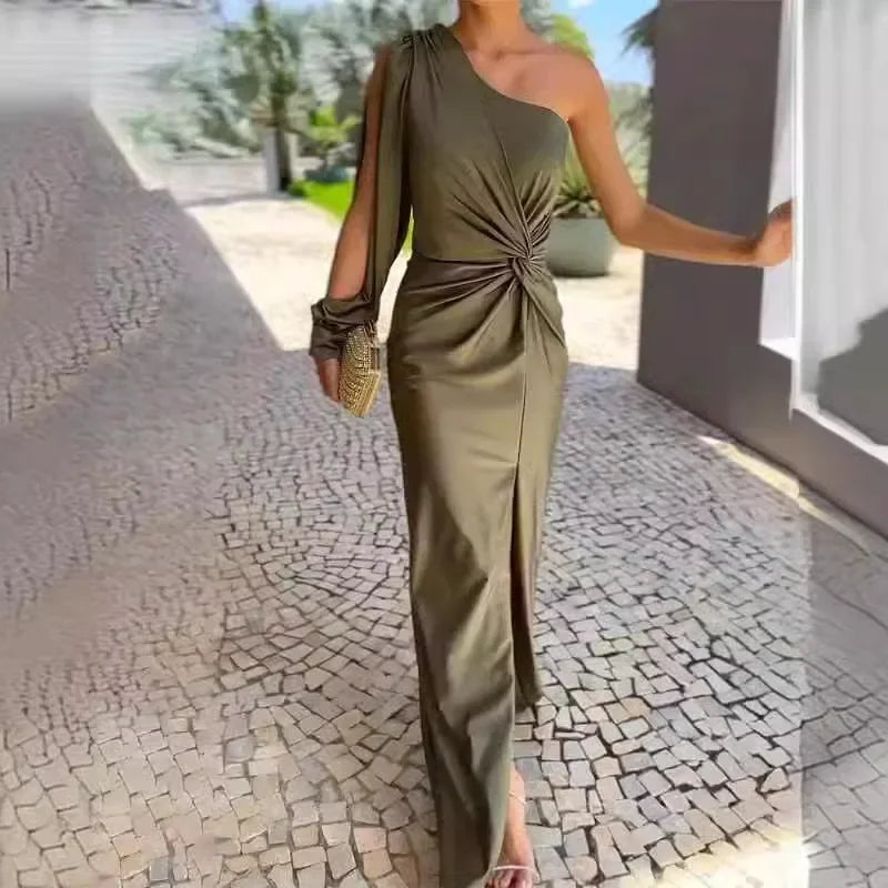 Slim Fit Pure Color Summer New Style Knot Slit Shoulder Women's Dress Fashionable Elegant Ankle Length One Shoulder Dress