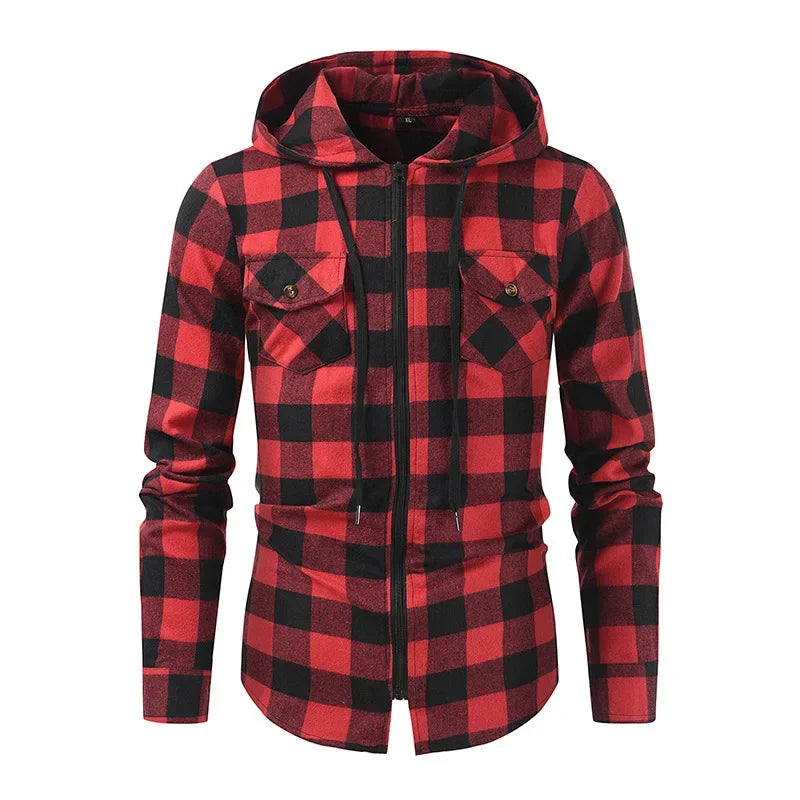 Men's New Plaid Hooded Sweater Long Sleeve Casual Thin Jacket Stand Hooded Shirt European Style Fashionable Outwear