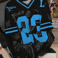 Summer Fashion Butterfly 23 Print TShirt For Women V-Neck Mesh Hole Short Sleeve Sports Football Jersey Y2K Loose Women Clothing