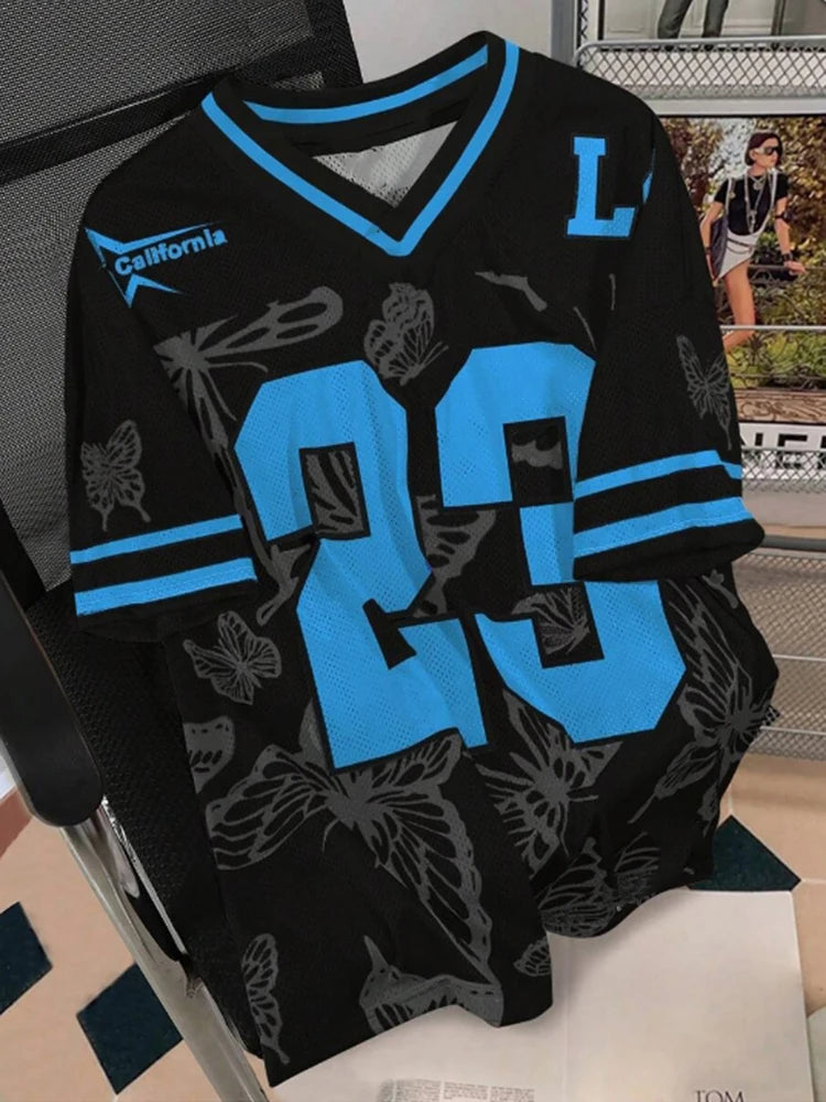 Summer Fashion Butterfly 23 Print TShirt For Women V-Neck Mesh Hole Short Sleeve Sports Football Jersey Y2K Loose Women Clothing