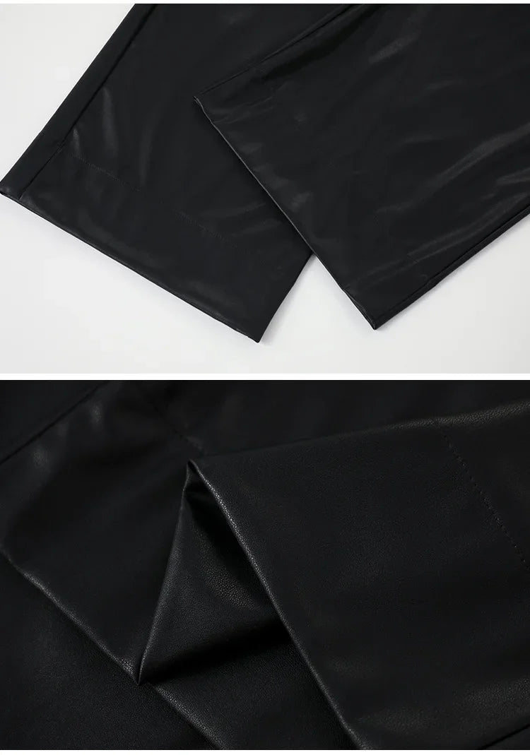 High Waist Wide Leg PU Leather Pants Women's Suit Casual Floor Length Trousers Autumn Winter New Style Loose Fit Long Pants