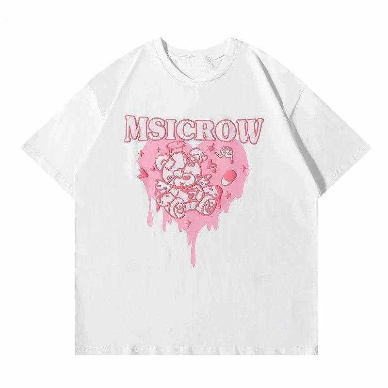 Kawaii Women's T Shirt Korean Pink Love Bear Print Short Sleeve T-Shirt Female Harajuku Tee Shirt Streetwear Tops Women Clothes