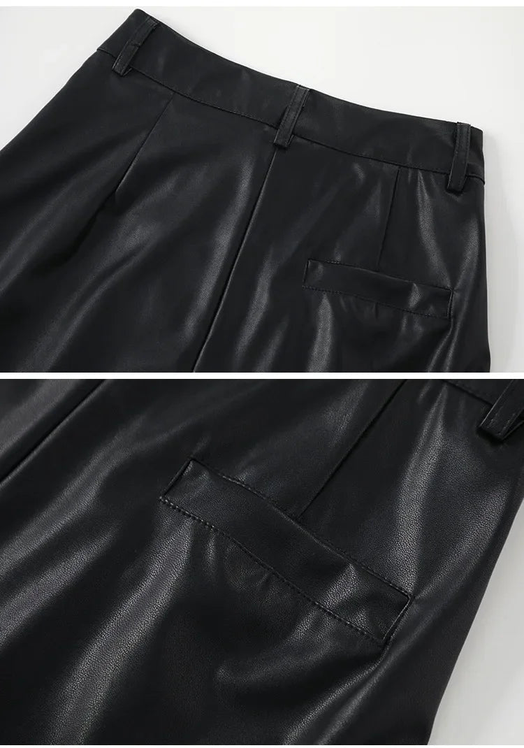 High Waist Wide Leg PU Leather Pants Women's Suit Casual Floor Length Trousers Autumn Winter New Style Loose Fit Long Pants
