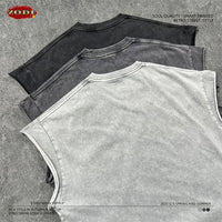ZODF Trendy Summer Men Batik Washed 275gsm Cotton Tank Tops Unisex Oversized Loose Edge Sleeveless Vests Brand Tees HY1036
