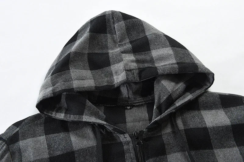 Men's New Plaid Hooded Sweater Long Sleeve Casual Thin Jacket Stand Hooded Shirt European Style Fashionable Outwear