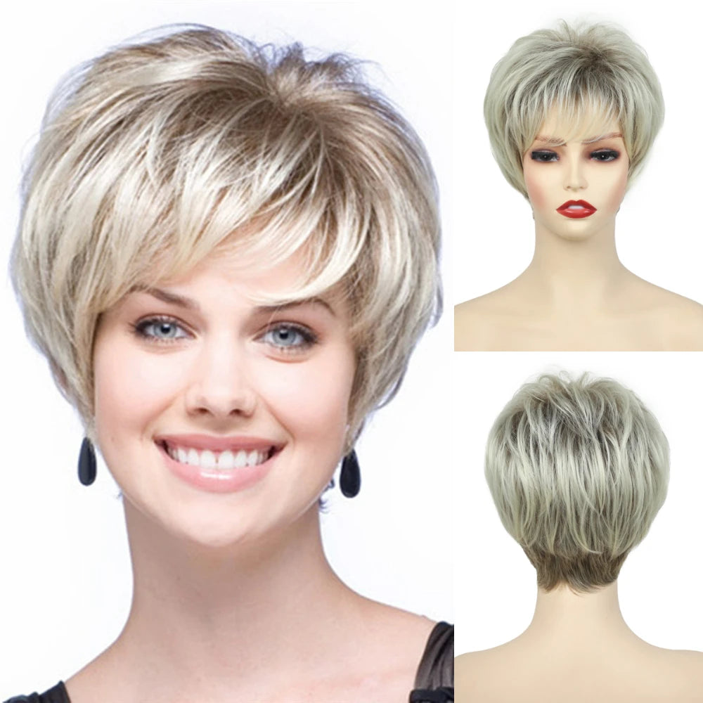 MSIWIGS Women's Short Pix Cut Blonde Straight Wig Natural Synthetic For White Lady Daily Wear High Tempreture Fiber