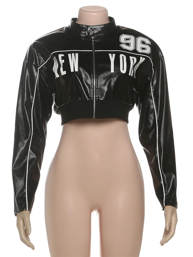 Weird Puss PU Patchwork Women Jacket Letter Print Hipster Button Zip Full Sleeve Trend Cool Street  Spring Outwear Crop Coat