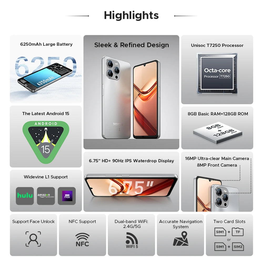 【Brand+】Global Version DOOGEE Note 58 8GB RAM 128GB ROM 6.75" HD+ 90Hz IPS Screen 6250mAh Large battery NFC Android 15