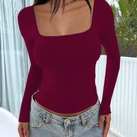 Women's Long Sleeve Tops Casual Scoop Neck Ribbed Knit Slim Fitted Basic Tee Shirts Trendy Spring Outfits
