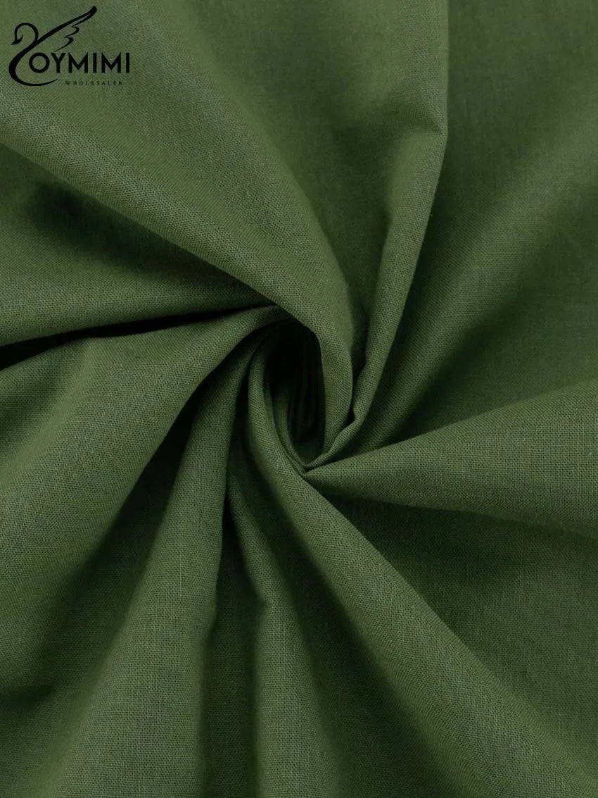 Oymimi Elegant Green Cotton Women's Dress Fashion O-Neck Sleeveless Dresses Casual New High Waist A-Line Mid-Calf Dresses Female