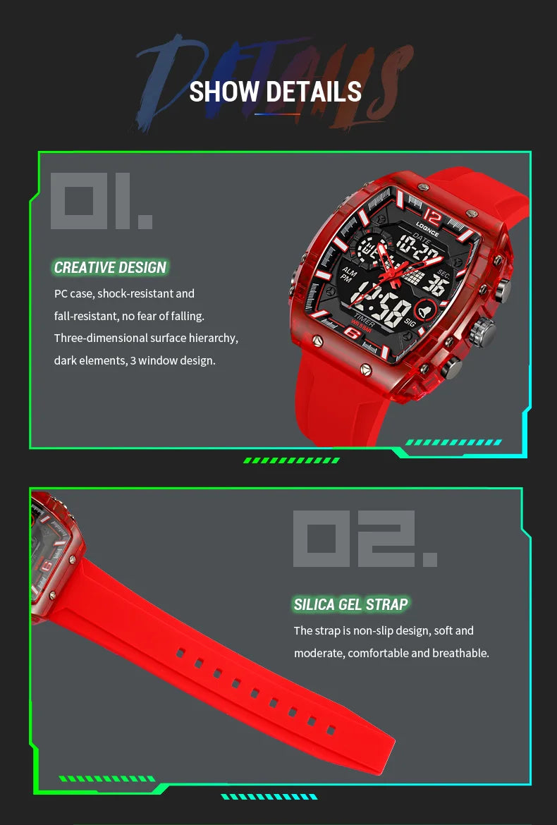 LOQNCE Sports Watches Fashion Men Watches 50m Waterproof Rectangle LED Big Dial Display Digital Watches LED Wristwatches Men