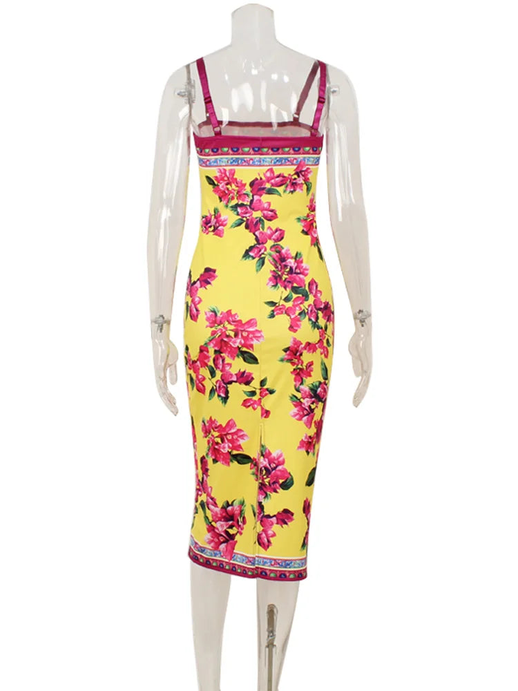 CNYISHE Flower Prints Camisoles Fashion Sheath Sexy Club Hot Girl Women Dresses Colorful Trendy Elegant Lady Female Bodycon