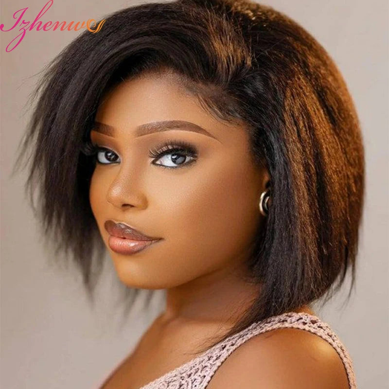 Kinky Straight Short Bob Human Hair Wigs for Women 13x4 Transparent Lace Frontal Peruvain Remy Hair Soft Yaki Straight Bob Wig