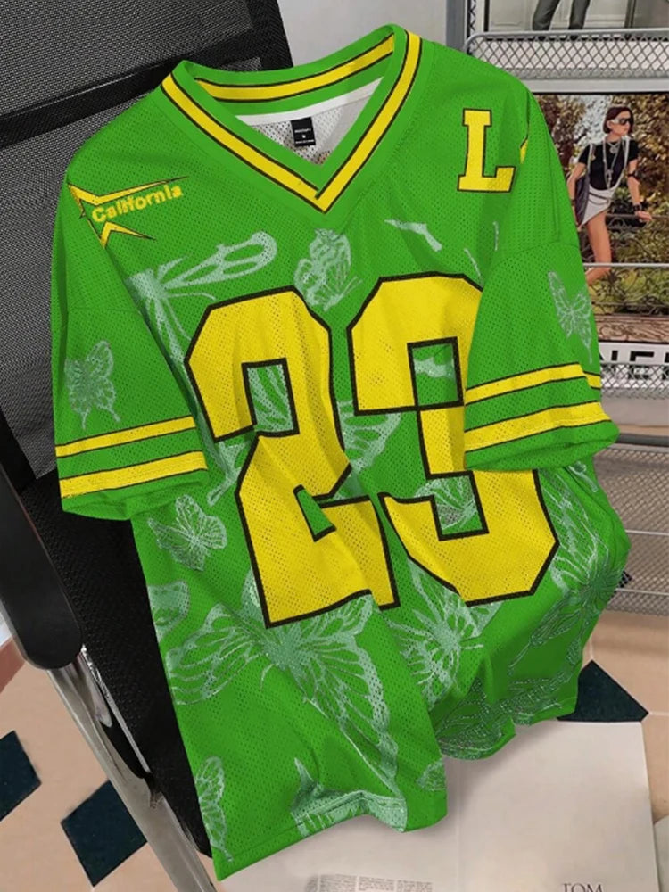 Summer Fashion Butterfly 23 Print TShirt For Women V-Neck Mesh Hole Short Sleeve Sports Football Jersey Y2K Loose Women Clothing