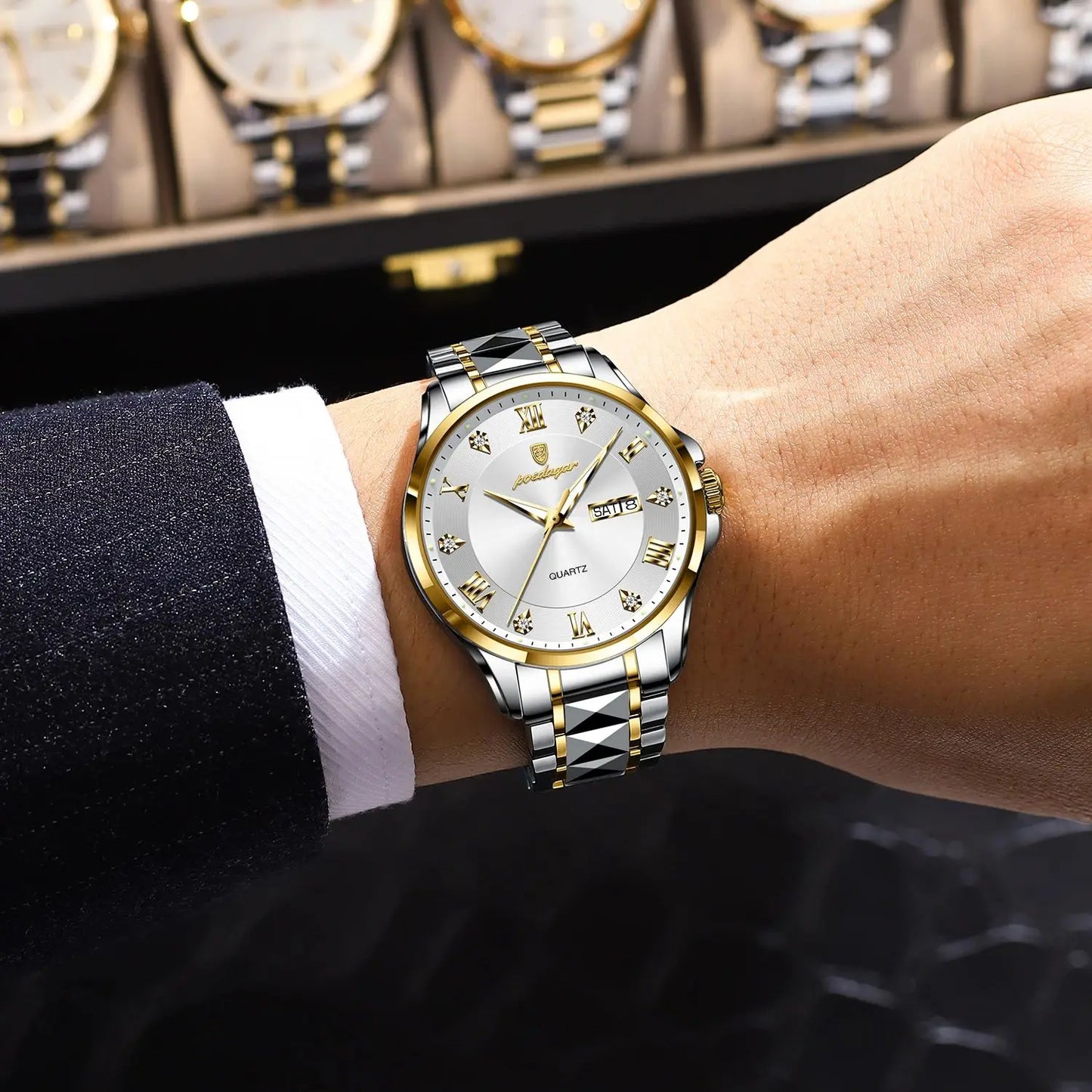 POEDAGAR Luxury Casual Man Watch Waterproof Luminous Date Week Quartz Men's Watches Stainless Steel Fashion Sport Men Wristwatch