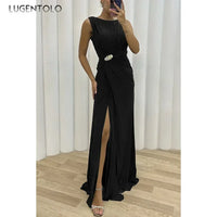Women Sexy Dress New Sleeveless Solid Party Slim Empire Split Female Elegant Round Neck Fashion Long Clothing