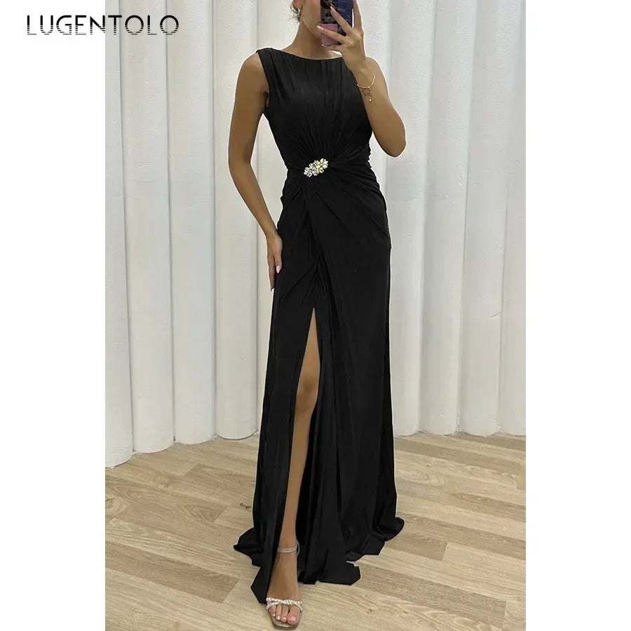 Women Sexy Dress New Sleeveless Solid Party Slim Empire Split Female Elegant Round Neck Fashion Long Clothing