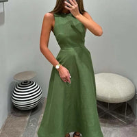 Oymimi Elegant Green Cotton Women's Dress Fashion O-Neck Sleeveless Dresses Casual New High Waist A-Line Mid-Calf Dresses Female