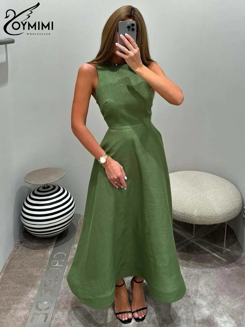 Oymimi Elegant Green Cotton Women's Dress Fashion O-Neck Sleeveless Dresses Casual New High Waist A-Line Mid-Calf Dresses Female