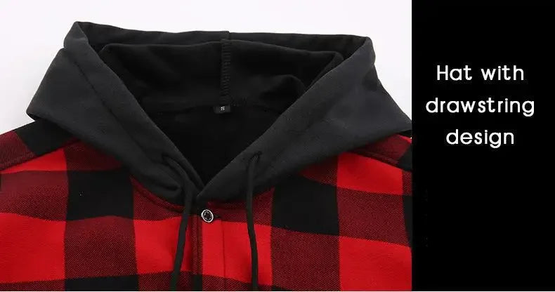 Plus Size Men's Hooded Plaid Shirt Warm Fleece Lined And Thickened Top Long Sleeve Outerwear For Autumn/Winter
