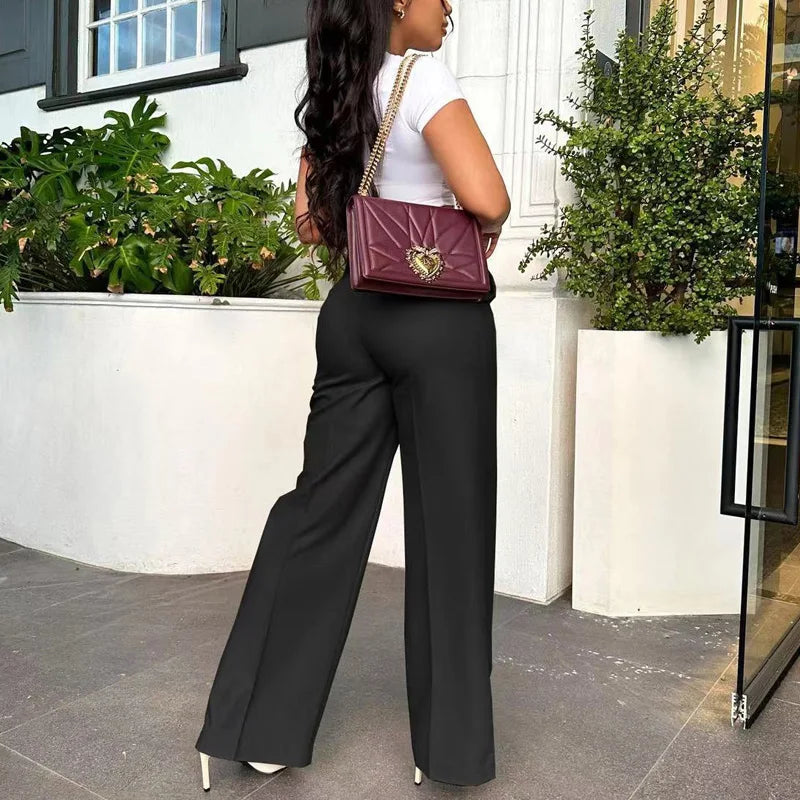 Autumn Casual High Waisted Pants Women Chic Fashion Solid Button Pocket Straight Leg Wide Leg Casual Pants Women