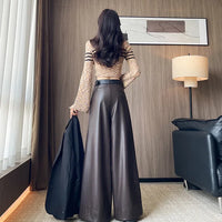 High Waist Wide Leg PU Leather Pants Women's Suit Casual Floor Length Trousers Autumn Winter New Style Loose Fit Long Pants