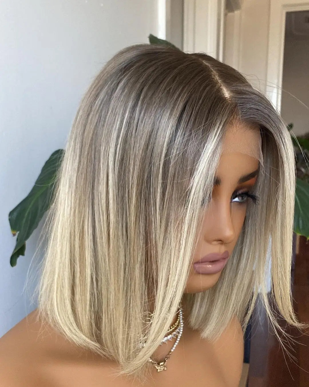 Synthetic Wig Hair Highlight Ash Blonde Straight Bob For Woman Lace Front Wig Bang Brazilian Hair Short Bob Wig