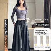 High Waist Wide Leg PU Leather Pants Women's Suit Casual Floor Length Trousers Autumn Winter New Style Loose Fit Long Pants