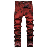 Denim Pencil Pants Men Streetwear Distressed Washed Tie Dyed Jeans Mid Waist Pockets Vintage Straight Ankle Length Trousers