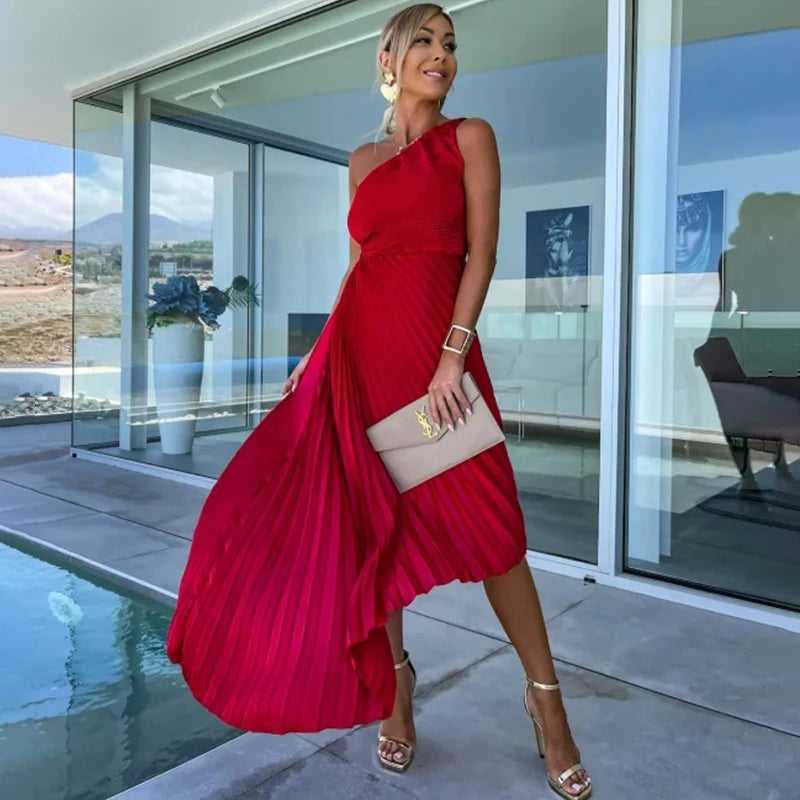 Ardm Elegant Oblique Shoulder Pleated Asymmetric Summer Dresses For Women 2023 Sexy Backelss Hollow Out Party Maxi Dress Vestido