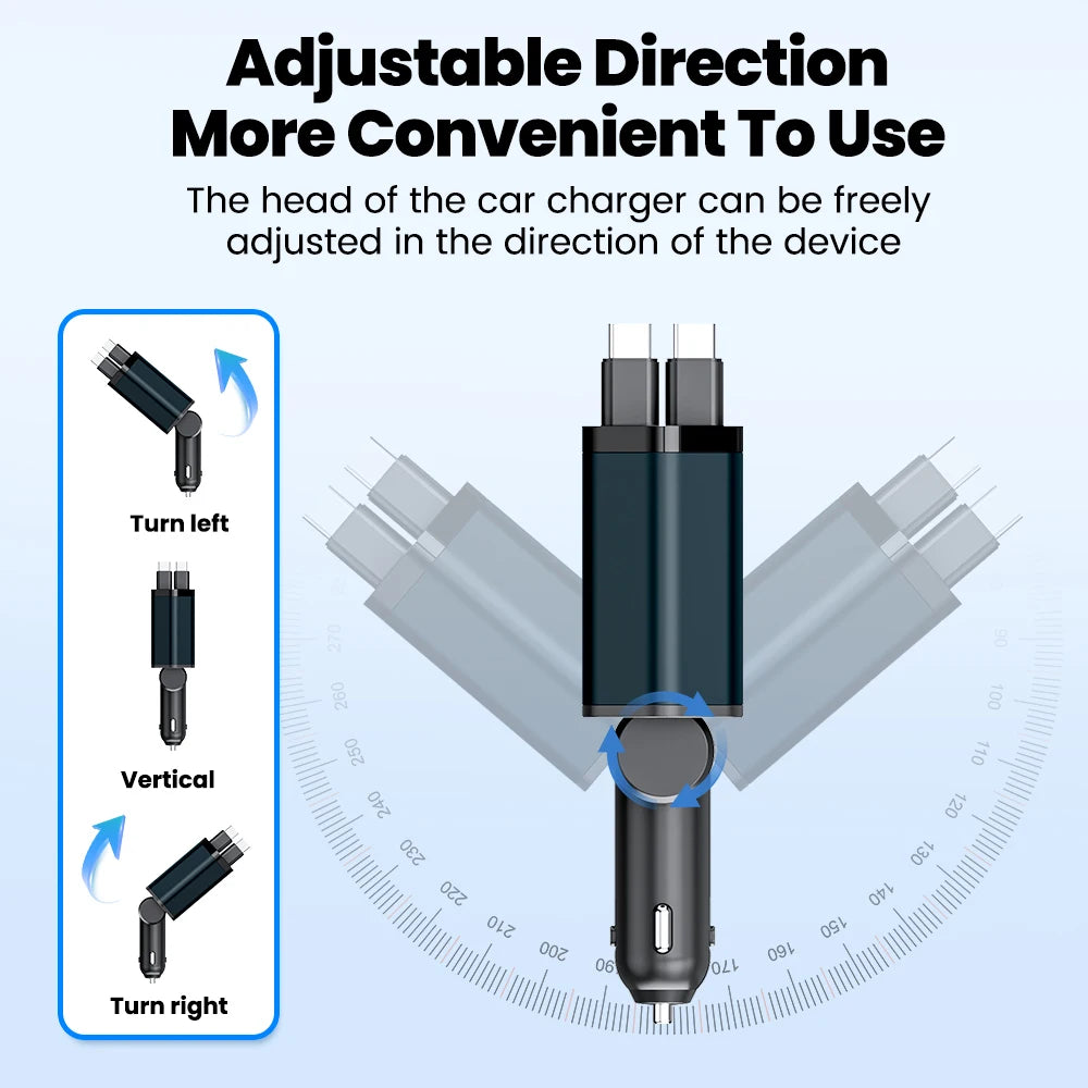 Elough 4 IN 1 Retractable Car Charger Fast Charging USB C To USB C ios Cable Charger USB Type C Car Adapter For iPhone Huawei