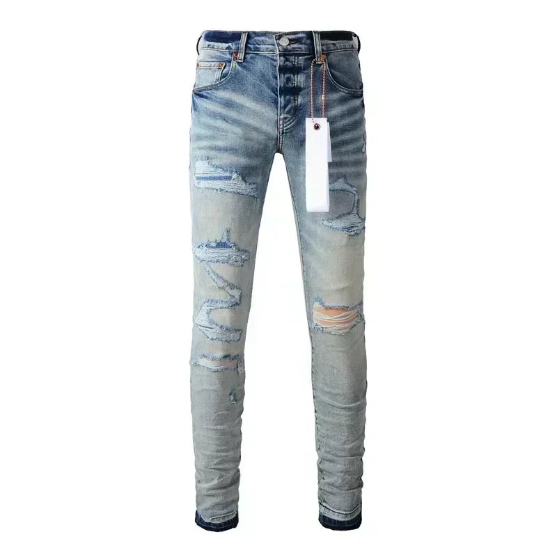 2025 Jeans Man's High Street Blue Ripped Distressed Skinny Jeans Low Rise Denim Trousers Fashion Repair Pants 9003