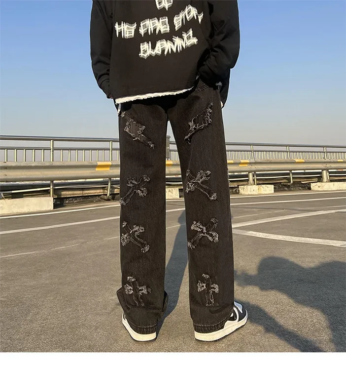 Cross Embroidery Y2k Jeans Mens Straight Denim Pants Casual Vintage Jeans Versatile Fashion Streetwear Spring High Street Pants